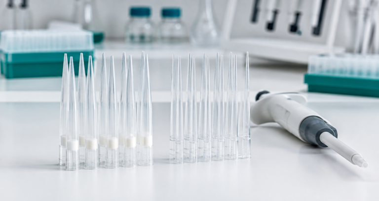 Filtered and unfiltered pipette tips on a laboratory bench