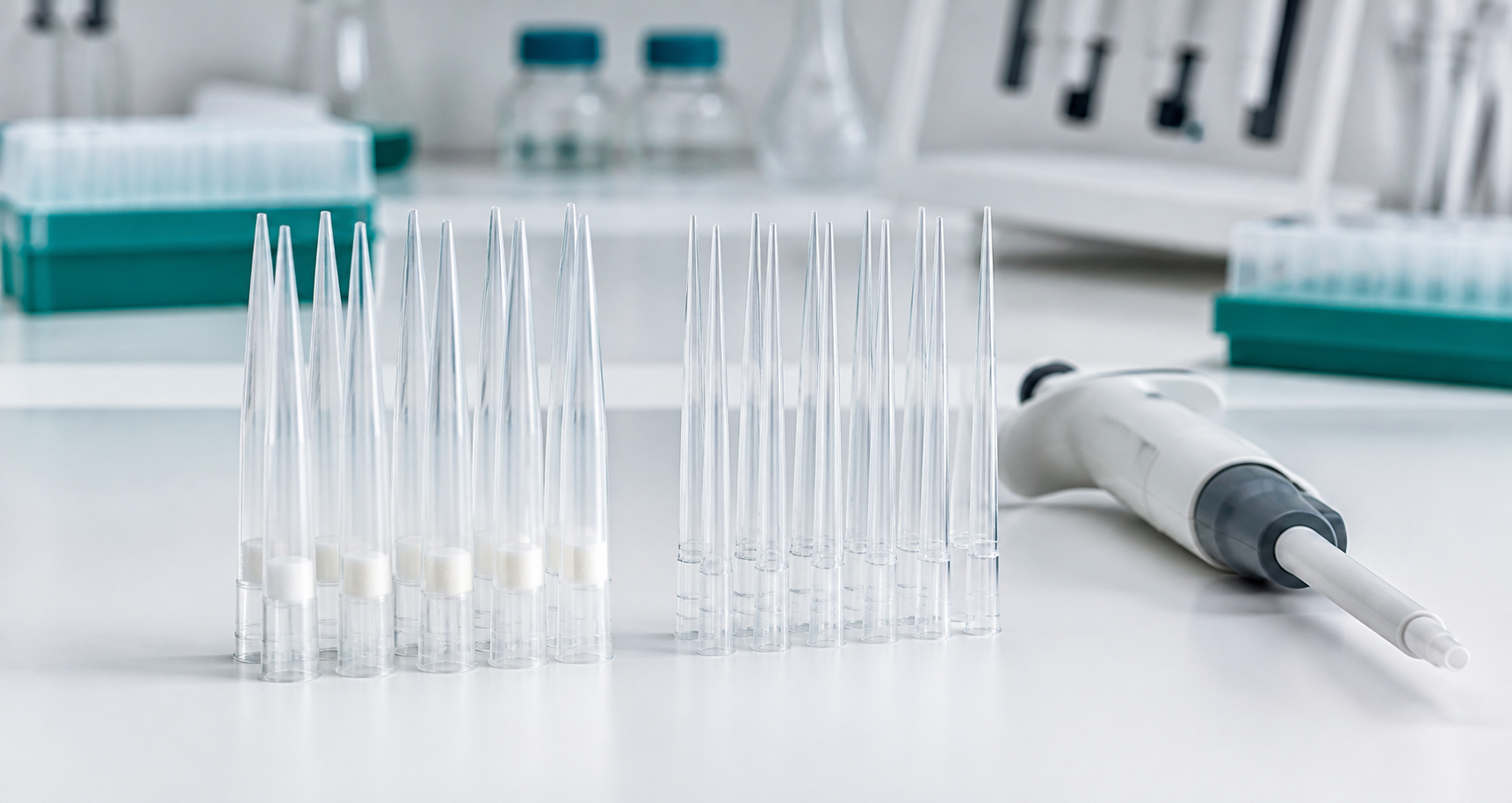 Filtered and unfiltered pipette tips on a laboratory bench