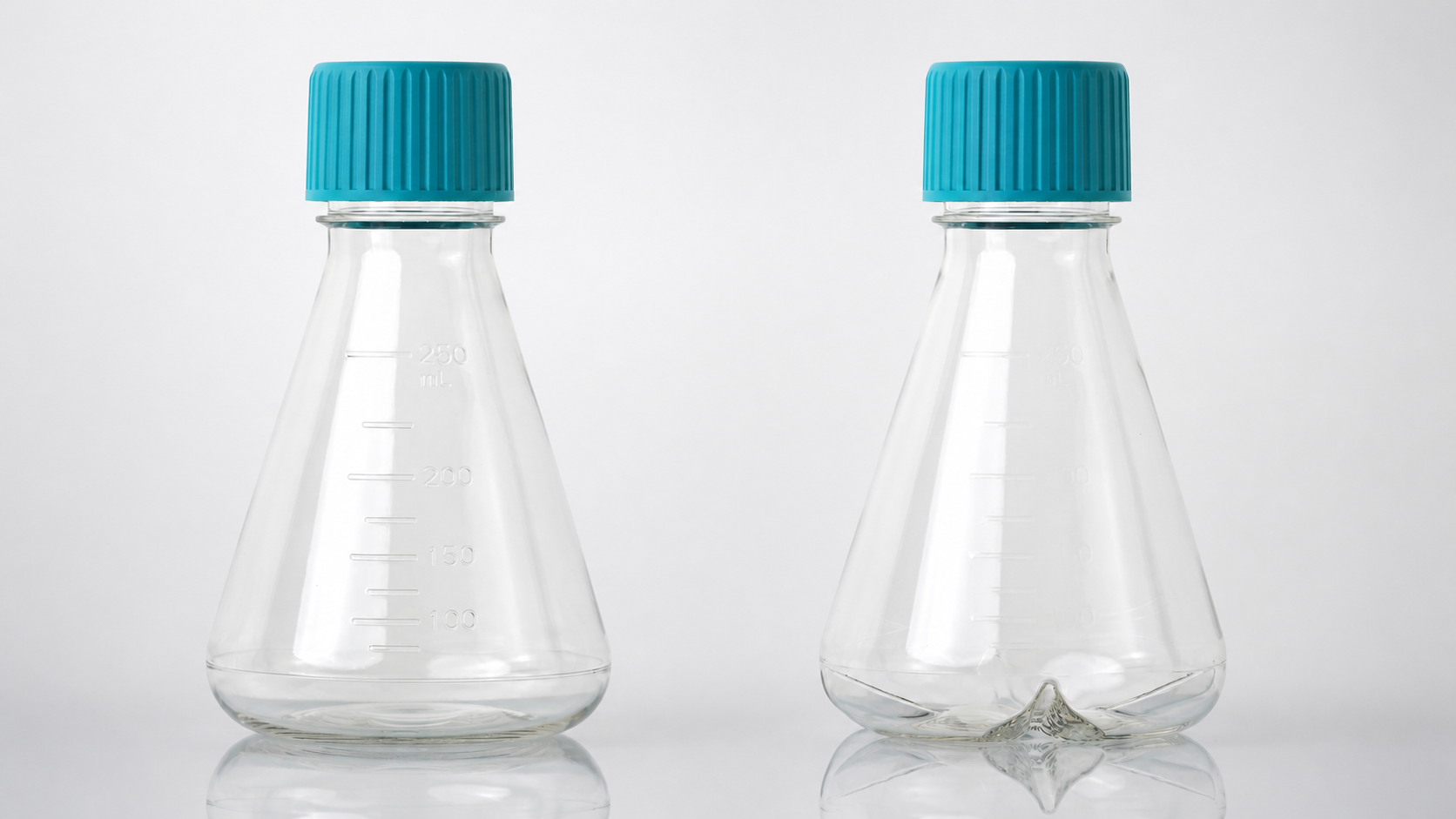 Flat-bottom and baffled 250 mL PETG Erlenmeyer flasks