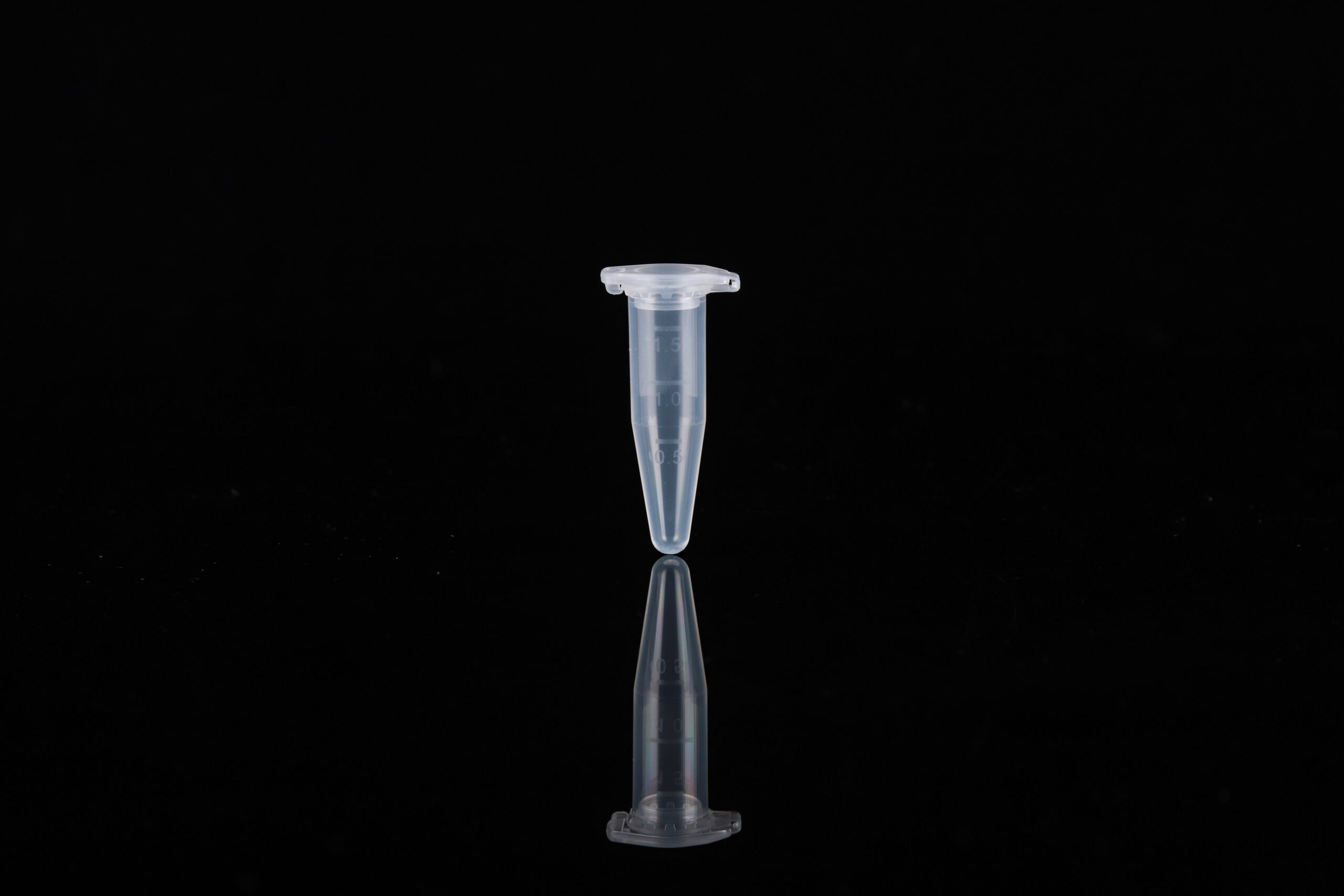 Single clear 1.5 mL microcentrifuge tube on black background