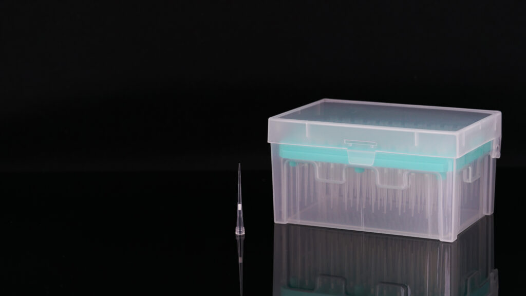 10 µL extra-long filter pipette tips in racked packaging