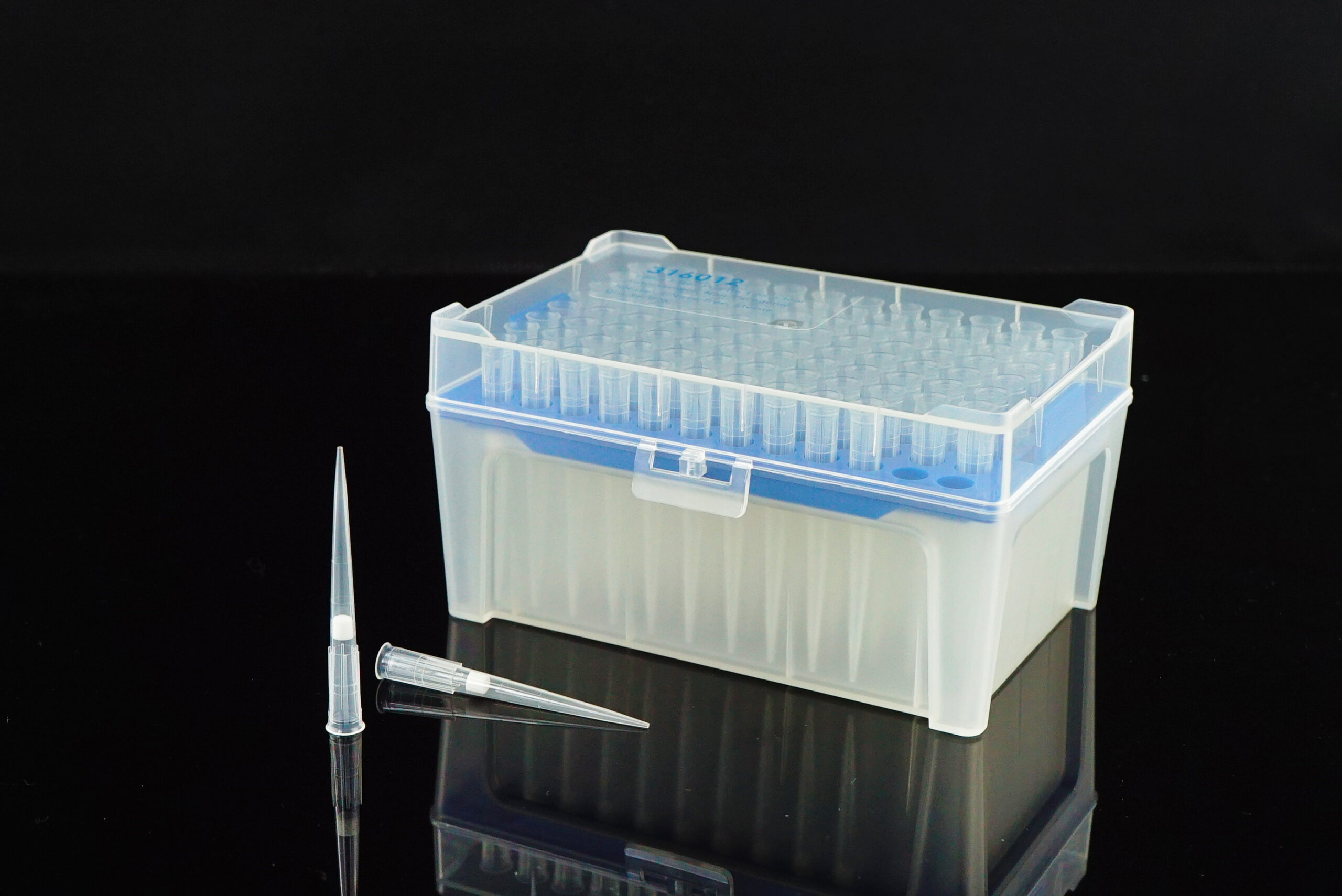 Sterile racked pipette tips in a laboratory storage box