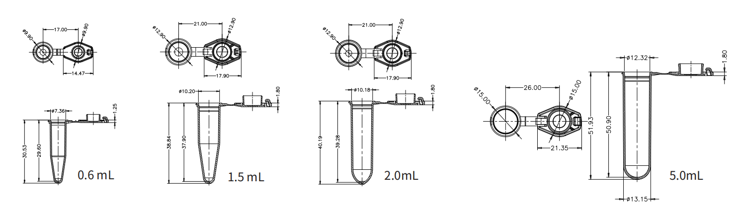 Dimension drawing of 0.6 mL, 1.5 mL, 2.0 mL and 5.0 mL microcentrifuge tubes