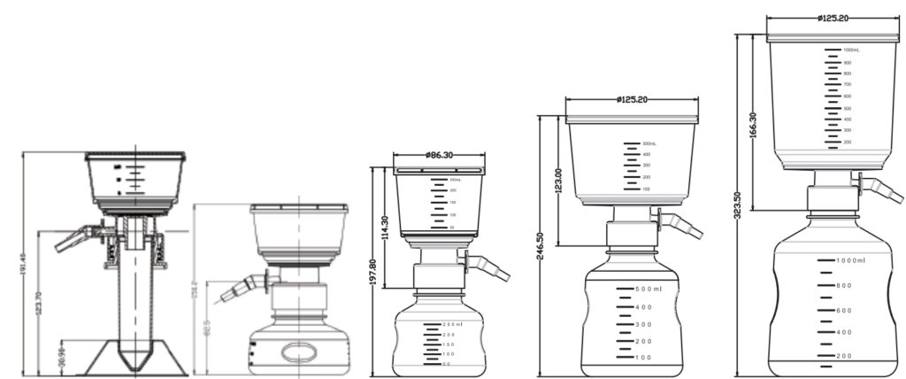 Dimension drawing for laboratory vacuum filtration systems in several capacities